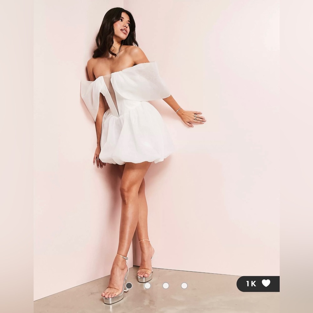 ASOS LUXE Mesh Plunge Front Bardot Organza Hem White Mini Dress